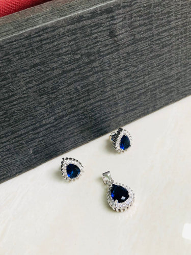 925 Silver Blue Drop Pendant Set